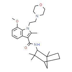 ChemSpider 2D Image | 7-Methoxy-2-methyl-1-[2-(4-morpholinyl)ethyl]-N-(1,3,3-trimethylbicyclo[2.2.1]hept-2-yl)-1H-indole-3-carboxamide | C27H39N3O3