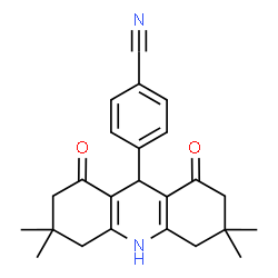 ChemSpider 2D Image | 4-(3,3,6,6-Tetramethyl-1,8-dioxo-1,2,3,4,5,6,7,8,9,10-decahydro-9-acridinyl)benzonitrile | C24H26N2O2