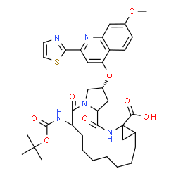 ChemSpider 2D Image | (2R)-2-{[7-Methoxy-2-(1,3-thiazol-2-yl)-4-quinolinyl]oxy}-6-({[(2-methyl-2-propanyl)oxy]carbonyl}amino)-5,16-dioxohexadecahydrocyclopropa[e]pyrrolo[1,2-a][1,4]diazacyclopentadecine-14a(5H)-carboxylic 
acid | C36H45N5O8S