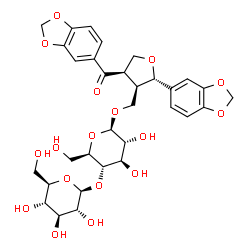 ChemSpider 2D Image | [(2S,3R,4R)-2-(1,3-Benzodioxol-5-yl)-4-(1,3-benzodioxol-5-ylcarbonyl)tetrahydro-3-furanyl]methyl 4-O-beta-D-glucopyranosyl-beta-D-glucopyranoside | C32H38O17