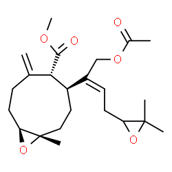 ChemSpider 2D Image | Methyl (1S,4S,5R,9S)-4-[(2E)-1-acetoxy-4-(3,3-dimethyl-2-oxiranyl)-2-buten-2-yl]-1-methyl-6-methylene-10-oxabicyclo[7.1.0]decane-5-carboxylate | C23H34O6