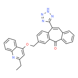 ChemSpider 2D Image | 3-{[(2-Ethyl-4-quinolinyl)oxy]methyl}-11-(2H-tetrazol-5-yl)-5H-dibenzo[a,d][7]annulen-5-one | C28H21N5O2