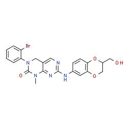 ChemSpider 2D Image | 3-(2-Bromophenyl)-7-{[2-(hydroxymethyl)-2,3-dihydro-1,4-benzodioxin-6-yl]amino}-1-methyl-3,4-dihydropyrimido[4,5-d]pyrimidin-2(1H)-one | C22H20BrN5O4