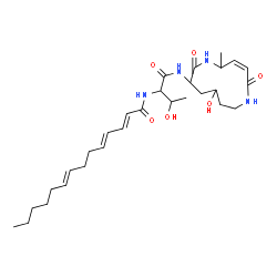ChemSpider 2D Image | (2E,4E,8E)-N-(3-Hydroxy-1-{[(3Z)-10-hydroxy-5-methyl-2,7-dioxo-1,6-diazacyclododec-3-en-8-yl]amino}-1-oxo-2-butanyl)-2,4,8-tetradecatrienamide | C29H46N4O6