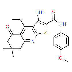 ChemSpider 2D Image | 3-Amino-4-ethyl-N-(4-methoxyphenyl)-7,7-dimethyl-5-oxo-5,6,7,8-tetrahydrothieno[2,3-b]quinoline-2-carboxamide | C23H25N3O3S
