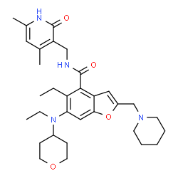 ChemSpider 2D Image | N-[(4,6-Dimethyl-2-oxo-1,2-dihydro-3-pyridinyl)methyl]-5-ethyl-6-[ethyl(tetrahydro-2H-pyran-4-yl)amino]-2-(1-piperidinylmethyl)-1-benzofuran-4-carboxamide | C32H44N4O4