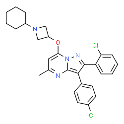 ChemSpider 2D Image | 2-(2-Chlorophenyl)-3-(4-chlorophenyl)-7-[(1-cyclohexyl-3-azetidinyl)oxy]-5-methylpyrazolo[1,5-a]pyrimidine | C28H28Cl2N4O