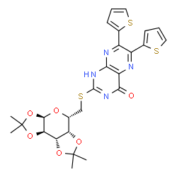 ChemSpider 2D Image | 2-({[(3aR,5S,5aR,8aS,8bR)-2,2,7,7-Tetramethyltetrahydro-3aH-bis[1,3]dioxolo[4,5-b:4',5'-d]pyran-5-yl]methyl}sulfanyl)-6,7-di(2-thienyl)-4(1H)-pteridinone | C26H26N4O6S3