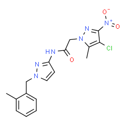 ChemSpider 2D Image | 2-(4-Chloro-5-methyl-3-nitro-1H-pyrazol-1-yl)-N-[1-(2-methylbenzyl)-1H-pyrazol-3-yl]acetamide | C17H17ClN6O3