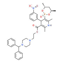 ChemSpider 2D Image | 2-[4-(Diphenylmethyl)-1-piperazinyl]ethyl 5-[(4R,6R)-4,6-dimethyl-2-oxido-1,3,2-dioxaphosphinan-2-yl]-2,6-dimethyl-4-(3-nitrophenyl)-1,4-dihydro-3-pyridinecarboxylate | C38H45N4O7P