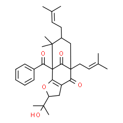 ChemSpider 2D Image | 1-Benzoyl-4-(2-hydroxy-2-propanyl)-11,11-dimethyl-8,10-bis(3-methyl-2-buten-1-yl)-3-oxatricyclo[6.3.1.0~2,6~]dodec-2(6)-ene-7,12-dione | C33H42O5