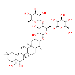 ChemSpider 2D Image | (3beta,5xi,9xi,16beta)-16,28-Dihydroxyoleana-11,13(18)-dien-3-yl 6-deoxy-alpha-L-mannopyranosyl-(1->4)-[beta-D-glucopyranosyl-(1->6)]-beta-D-glucopyranoside | C48H78O17