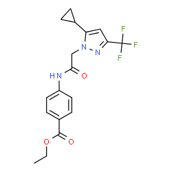 ChemSpider 2D Image | Ethyl 4-({[5-cyclopropyl-3-(trifluoromethyl)-1H-pyrazol-1-yl]acetyl}amino)benzoate | C18H18F3N3O3