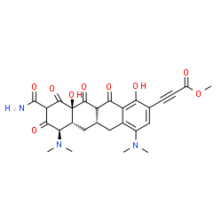 ChemSpider 2D Image | Methyl 3-[(5aS,6aR,7R,10aR)-9-carbamoyl-4,7-bis(dimethylamino)-1,10a-dihydroxy-8,10,11,12-tetraoxo-5,5a,6,6a,7,8,9,10,10a,11,11a,12-dodecahydro-2-tetracenyl]-2-propynoate | C27H29N3O9