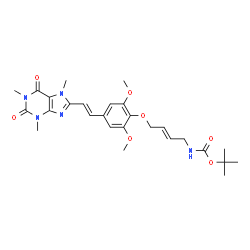 ChemSpider 2D Image | tert-butyl [(2E)-4-{2,6-dimethoxy-4-[(E)-2-(1,3,7-trimethyl-2,6-dioxo-2,3,6,7-tetrahydro-1H-purin-8-yl)ethenyl]phenoxy}but-2-en-1-yl]carbamate | C27H35N5O7