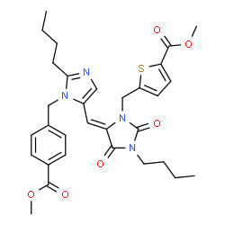 ChemSpider 2D Image | Methyl 5-{[(5Z)-3-butyl-5-({2-butyl-1-[4-(methoxycarbonyl)benzyl]-1H-imidazol-5-yl}methylene)-2,4-dioxo-1-imidazolidinyl]methyl}-2-thiophenecarboxylate | C31H36N4O6S