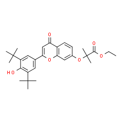 ChemSpider 2D Image | Ethyl 2-({2-[4-hydroxy-3,5-bis(2-methyl-2-propanyl)phenyl]-4-oxo-4H-chromen-7-yl}oxy)-2-methylpropanoate | C29H36O6
