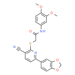 ChemSpider 2D Image | 2-{[6-(1,3-Benzodioxol-5-yl)-3-cyano-2-pyridinyl]sulfanyl}-N-(3,4-dimethoxyphenyl)acetamide | C23H19N3O5S