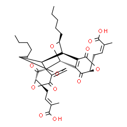 ChemSpider 2D Image | (2E,2'Z)-4,4'-[(1R,2S,4S,6R,11R,12S,13R,16S,18R,22S)-3,7,15,19-Tetraoxo-11,22-dipentyl-5,10,17,21-tetraoxaheptacyclo[11.7.2.0~2,8~.0~2,12~.0~4,6~.0~14,20~.0~16,18~]docosa-8,14(20)-diene-6,16-diyl]bis(
2-methyl-2-butenoic acid) | C38H44O12