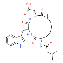 ChemSpider 2D Image | {(3R,6R,9S)-6-(1H-Indol-3-ylmethyl)-9-[(3-methylbutanoyl)amino]-2,5,8-trioxo-1,4,7-triazacyclotridecan-3-yl}acetic acid | C26H35N5O6