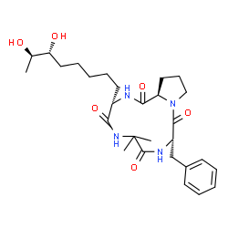 ChemSpider 2D Image | (3S,9S,14aR)-9-Benzyl-3-[(6R,7R)-6,7-dihydroxyoctyl]-6,6-dimethyldecahydropyrrolo[1,2-a][1,4,7,10]tetraazacyclododecine-1,4,7,10-tetrone | C28H42N4O6