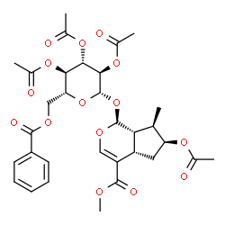 ChemSpider 2D Image | Methyl (1S,4aS,6S,7R,7aS)-6-acetoxy-7-methyl-1-[(2,3,4-tri-O-acetyl-6-O-benzoyl-beta-D-glucopyranosyl)oxy]-1,4a,5,6,7,7a-hexahydrocyclopenta[c]pyran-4-carboxylate | C32H38O15