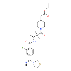 ChemSpider 2D Image | Ethyl {1-[(3R)-3-({2-fluoro-4-[(Z)-imino(1,3-thiazolidin-3-yl)methyl]benzoyl}amino)-2,2-dimethylpentanoyl]-4-piperidinyl}acetate | C27H39FN4O4S