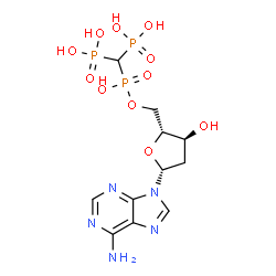 ChemSpider 2D Image | [[[(2R,3S,5R)-5-(6-aminopurin-9-yl)-3-hydroxy-tetrahydrofuran-2-yl]methoxy-hydroxy-phosphoryl]-phosphono-methyl]phosphonic acid | C11H18N5O11P3