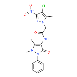 ChemSpider 2D Image | 2-(4-Chloro-5-methyl-3-nitro-1H-pyrazol-1-yl)-N-(1,5-dimethyl-3-oxo-2-phenyl-2,3-dihydro-1H-pyrazol-4-yl)acetamide | C17H17ClN6O4