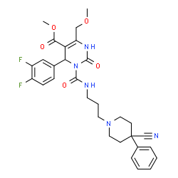 ChemSpider 2D Image | Methyl 3-{[3-(4-cyano-4-phenyl-1-piperidinyl)propyl]carbamoyl}-4-(3,4-difluorophenyl)-6-(methoxymethyl)-2-oxo-1,2,3,4-tetrahydro-5-pyrimidinecarboxylate | C30H33F2N5O5
