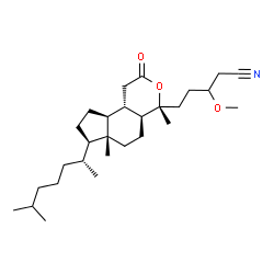 ChemSpider 2D Image | indeno[5,4-c]pyran-4-pentanenitrile, 7-(1,5-dimethylhexyl)dodecahydro-beta-methoxy-4,6a-dimethyl-2-oxo-, (4R,4aS,6aR,7R,9aS,9bS)- | C28H47NO3