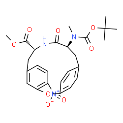 ChemSpider 2D Image | Methyl (9R,12S)-12-(methyl{[(2-methyl-2-propanyl)oxy]carbonyl}amino)-4-nitro-11-oxo-2-oxa-10-azatricyclo[12.2.2.1~3,7~]nonadeca-1(16),3(19),4,6,14,17-hexaene-9-carboxylate | C25H29N3O8