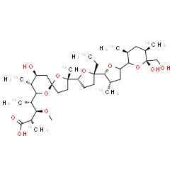ChemSpider 2D Image | (2S,3R,4S)-4-{(2S,5R,8R,9S)-2-[(2S,2'R,3'S,5R)-2-[(2-~13~C)Ethyl]-5'-{(3S,5R,6R)-6-hydroxy-6-(hydroxymethyl)-3,5-bis[(~13~C)methyl]tetrahydro-2H-pyran-2-yl}-3'-(~13~C)methyloctahydro-2,2'-bifuran-5-yl
]-9-hydroxy-2,8-bis[(~13~C)methyl]-1,6-dioxaspiro[4.5]dec-7-yl}-3-methoxy-2-(~13~C)methyl(5-~13~C)pentanoic acid | C2813C8H62O11