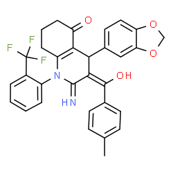 ChemSpider 2D Image | (2Z,3E)-4-(1,3-Benzodioxol-5-yl)-3-[hydroxy(4-methylphenyl)methylene]-2-imino-1-[2-(trifluoromethyl)phenyl]-2,3,4,6,7,8-hexahydro-5(1H)-quinolinone | C31H25F3N2O4