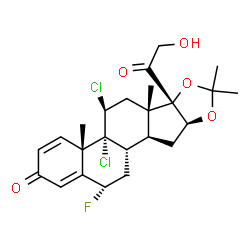 ChemSpider 2D Image | (4aS,4bR,5S,6aS,6bS,9aS,10aS,10bS,12S)-4b,5-Dichloro-12-fluoro-6b-glycoloyl-4a,6a,8,8-tetramethyl-4a,4b,5,6,6a,6b,9a,10,10a,10b,11,12-dodecahydro-2H-naphtho[2',1':4,5]indeno[1,2-d][1,3]dioxol-2-one | C24H29Cl2FO5
