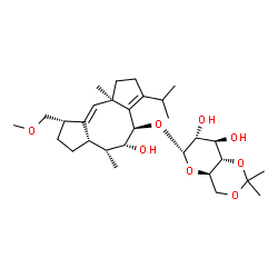 ChemSpider 2D Image | (4R,5R,6R,6aS,9S,9aE,10aR)-5-Hydroxy-3-isopropyl-9-(methoxymethyl)-6,10a-dimethyl-1,2,4,5,6,6a,7,8,9,10a-decahydrodicyclopenta[a,d][8]annulen-4-yl 4,6-O-isopropylidene-alpha-D-glucopyranoside | C30H48O8