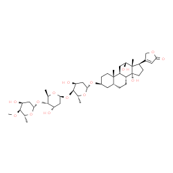 ChemSpider 2D Image | (3beta,5beta,12alpha,14alpha)-3-{[2,6-Dideoxy-4-O-methyl-beta-D-ribo-hexopyranosyl-(1->4)-2,6-dideoxy-beta-D-ribo-hexopyranosyl-(1->4)-2,6-dideoxy-beta-D-ribo-hexopyranosyl]oxy}-12,14-dihydroxycard-20
(22)-enolide | C42H66O14