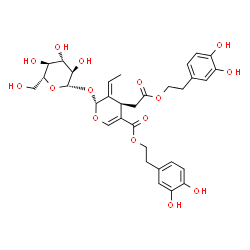 ChemSpider 2D Image | 2-(3,4-Dihydroxyphenyl)ethyl (2R,3E,4R)-4-{2-[2-(3,4-dihydroxyphenyl)ethoxy]-2-oxoethyl}-3-ethylidene-2-(beta-D-glucopyranosyloxy)-3,4-dihydro-2H-pyran-5-carboxylate | C32H38O15