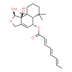 ChemSpider 2D Image | (1R,5R,5aS,9aS,9bS)-1,9b-Dihydroxy-6,6,9a-trimethyl-1,3,5,5a,6,7,8,9,9a,9b-decahydronaphtho[1,2-c]furan-5-yl (2E,4E,6E)-2,4,6-octatrienoate | C23H32O5