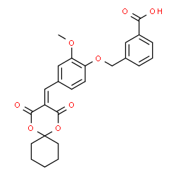 ChemSpider 2D Image | 3-({4-[(2,4-Dioxo-1,5-dioxaspiro[5.5]undec-3-ylidene)methyl]-2-methoxyphenoxy}methyl)benzoic acid | C25H24O8