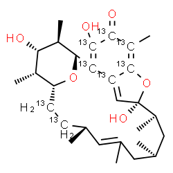 ChemSpider 2D Image | (1R,9S,10S,12S,16S,19R,20R,21S,22R)-3,9,21-Trihydroxy-5,10,12,14,16,20,22-heptamethyl(2,3,4,5,6,7,17,18-~13~C_8_)-23,24-dioxatetracyclo[17.3.1.1~6,9~.0~2,7~]tetracosa-2,5,7,14-tetraen-4-one | C2113C8H42O6