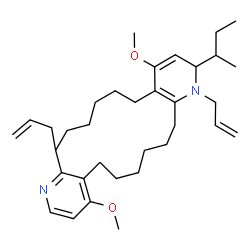 ChemSpider 2D Image | 1,10-Diallyl-2-sec-butyl-4,14-dimethoxy-1,2,5,6,7,8,9,10,15,16,17,18,19,20-tetradecahydropyrido[2',3':9,10]cyclohexadeca[1,2-b]pyridine | C34H52N2O2