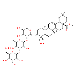ChemSpider 2D Image | Methyl (3beta)-3-{[beta-D-glucopyranosyl-(1->3)-6-deoxy-alpha-L-mannopyranosyl-(1->2)-alpha-L-arabinopyranosyl]oxy}-23-hydroxyolean-12-en-28-oate | C48H78O17