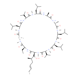 ChemSpider 2D Image | (3S,6S,9S,12R,15S,18S,21S,24S,30S,33S)-30-Ethyl-33-[(1R,2R,4E)-1-hydroxy-2-methyl(6-~3~H_1_)-4-hexen-1-yl]-6,9,18,24-tetraisobutyl-3,21-diisopropyl-1,4,7,10,12,15,19,25,28-nonamethyl-1,4,7,10,13,16,19
,22,25,28,31-undecaazacyclotritriacontane-2,5,8,11,14,17,20,23,26,29,32-undecone | C62H110TN11O12