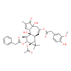 ChemSpider 2D Image | (1aR,1bS,4aR,7aS,7bS,8R,9R,9aS)-9a-Acetoxy-4a,7b-dihydroxy-1,1,6,8-tetramethyl-5-oxo-9-(2-phenylacetoxy)-1a,1b,4,4a,5,7a,7b,8,9,9a-decahydro-1H-cyclopropa[3,4]benzo[1,2-e]azulen-3-yl (4-hydroxy-3-meth
oxyphenyl)acetate | C38H42O11