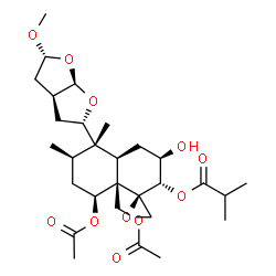 ChemSpider 2D Image | (1R,2S,3R,4aR,5S,6R,8S,8aR)-8-Acetoxy-8a-(acetoxymethyl)-3-hydroxy-5-[(2S,3aS,5R,6aR)-5-methoxyhexahydrofuro[2,3-b]furan-2-yl]-5,6-dimethyloctahydro-2H-spiro[naphthalene-1,2'-oxiran]-2-yl 2-methylprop
anoate | C29H44O11