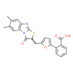 ChemSpider 2D Image | 2-{5-[(6,7-Dimethyl-3-oxo[1,3]thiazolo[3,2-a]benzimidazol-2(3H)-ylidene)methyl]-2-furyl}benzoic acid | C23H16N2O4S