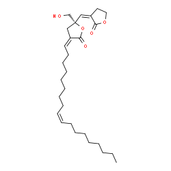 ChemSpider 2D Image | (3Z,5S)-5-(Hydroxymethyl)-3-[(9Z)-9-octadecen-1-ylidene]-5-[(Z)-(2-oxodihydro-3(2H)-furanylidene)methyl]dihydro-2(3H)-furanone | C28H44O5