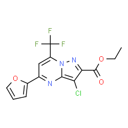 ChemSpider 2D Image | Ethyl 3-chloro-5-(2-furyl)-7-(trifluoromethyl)pyrazolo[1,5-a]pyrimidine-2-carboxylate | C14H9ClF3N3O3