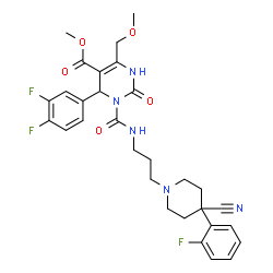 ChemSpider 2D Image | Methyl 3-({3-[4-cyano-4-(2-fluorophenyl)-1-piperidinyl]propyl}carbamoyl)-4-(3,4-difluorophenyl)-6-(methoxymethyl)-2-oxo-1,2,3,4-tetrahydro-5-pyrimidinecarboxylate | C30H32F3N5O5